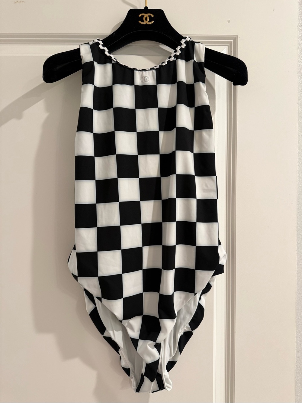 CHANEL Black and White Checkerboard One-Piece Swimsuit